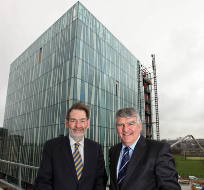 Prof Ian Diamond with Sir Moir Lockhead in front of the new library